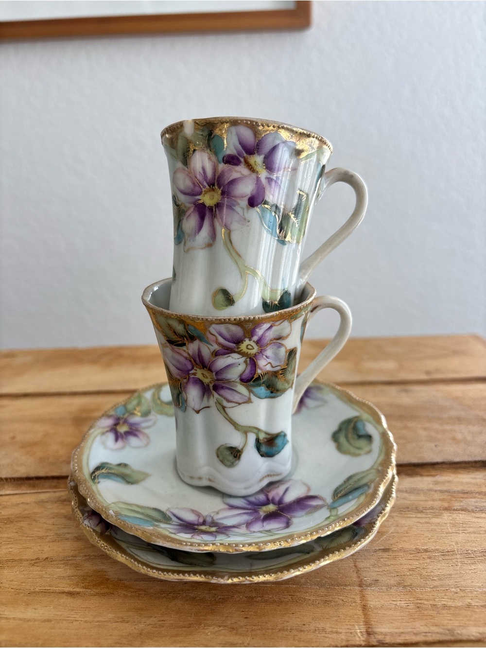 Antique Nippon Style Demitasse 2 Cup Saucer Set Hand Painted Purple Floral Gold